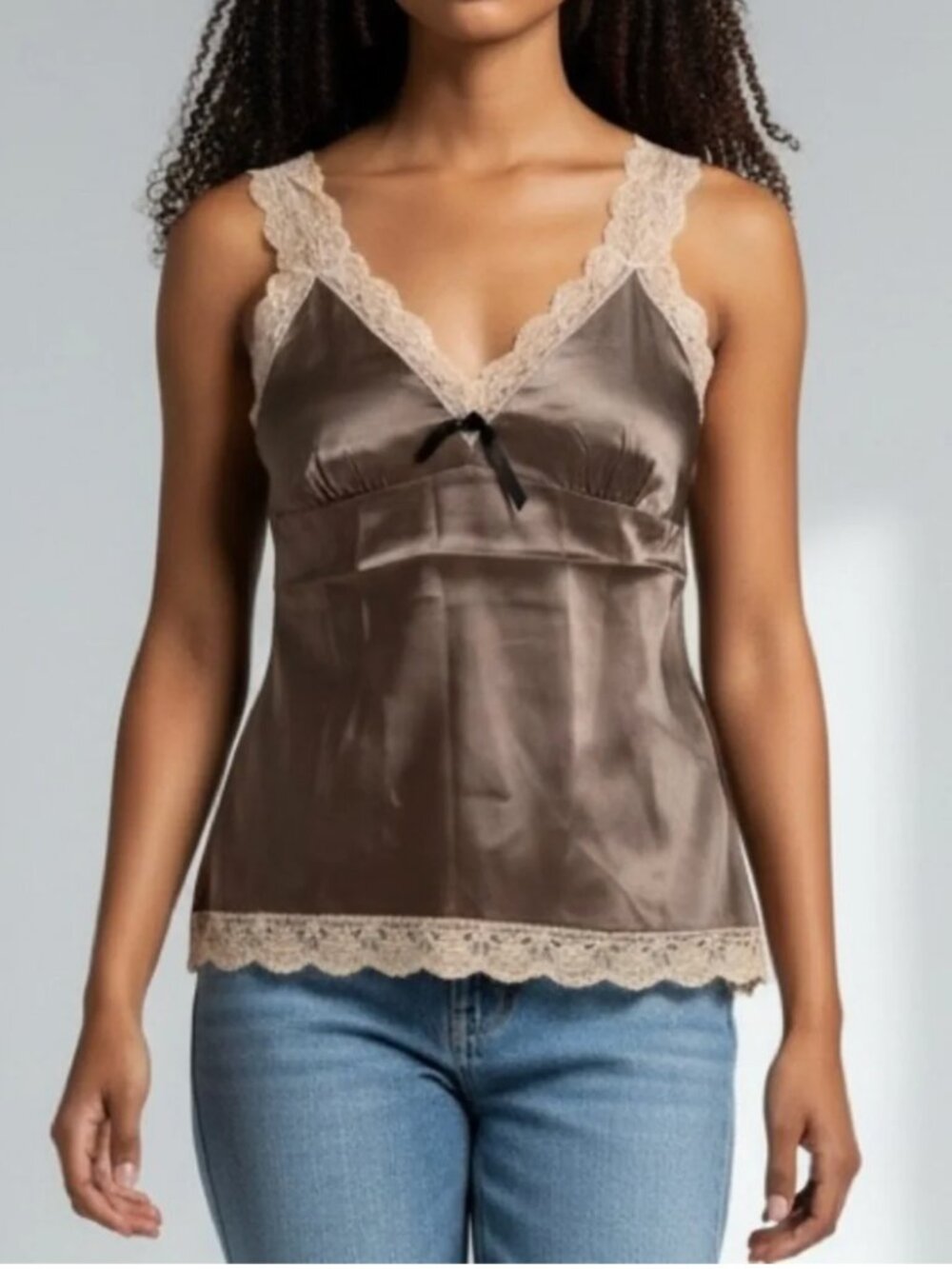 NWTGold Hawk Silk  - L - Lace Trim Cami Tank Top - Brown & Cream